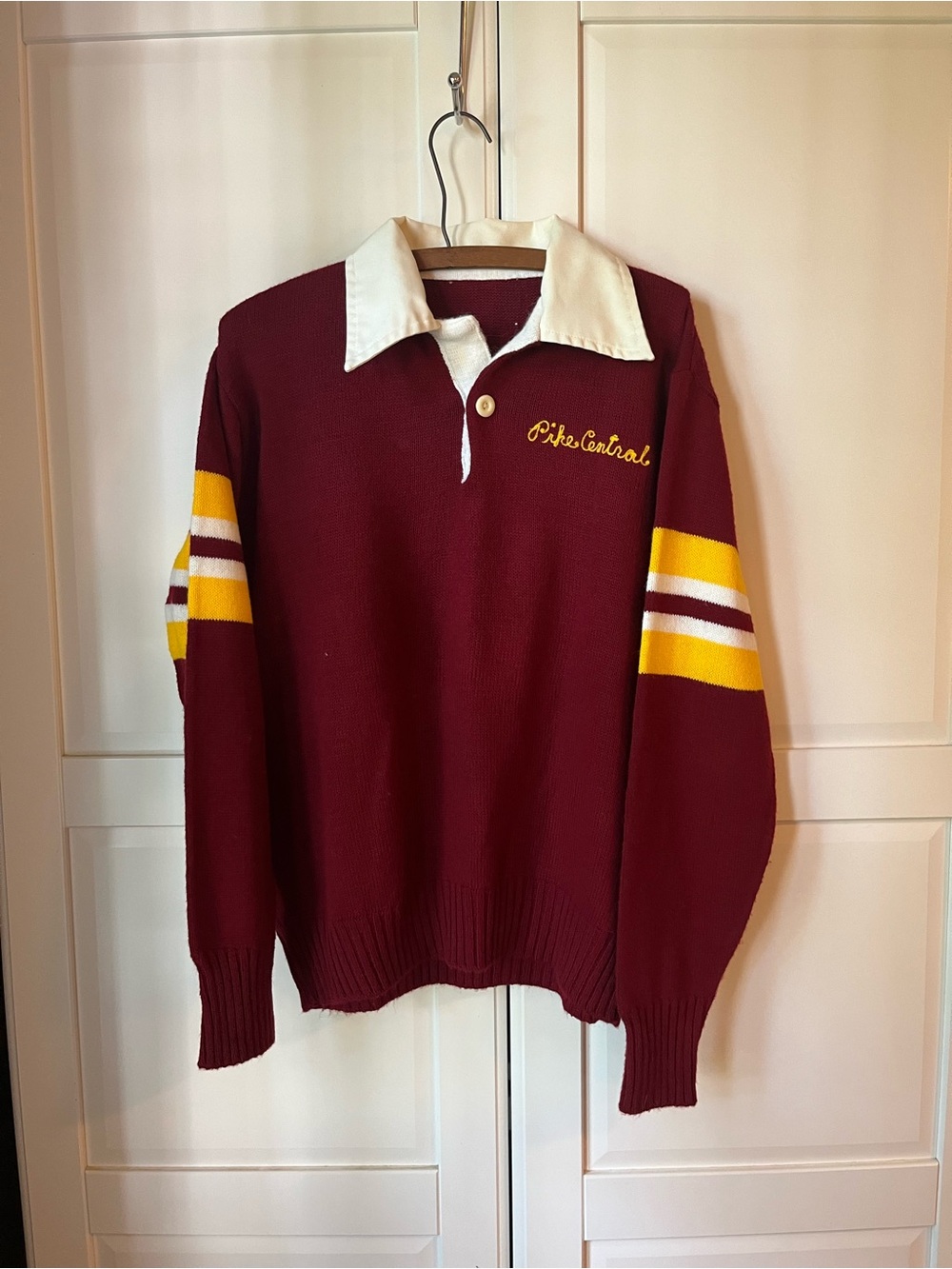 Vintage Men's Burgundy Rugby Sweater with Yellow Stripes